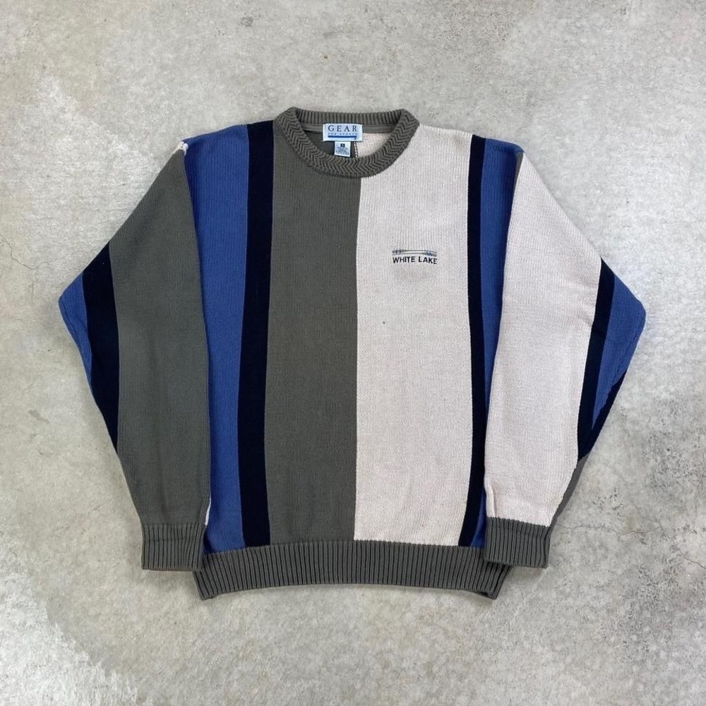 Vintage 90s Gear White Lake Sweater Size Small Brown Blue Striped Pull Over - Picture 1 of 6